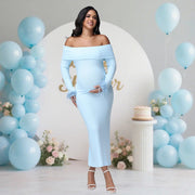Women’s Off-Shoulder Feather Long Sleeve Maternity Bodycon Maxi Dress