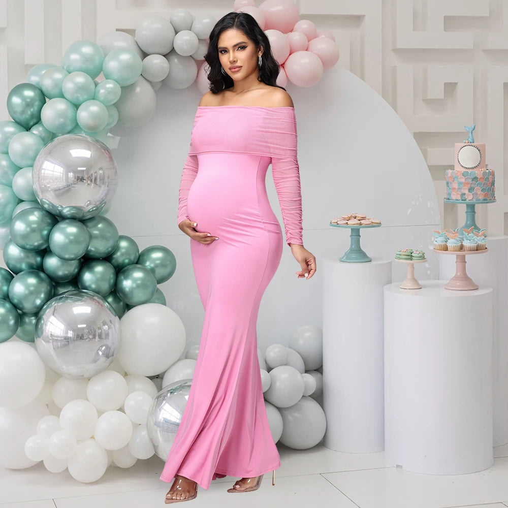 Women’s Off-Shoulder Mesh Long Sleeve Maternity Bodycon Mermaid Maxi Dress