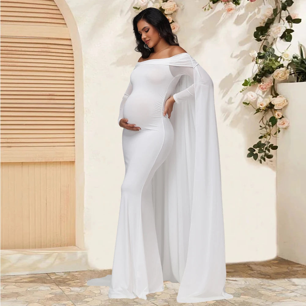 Women’s Off-Shoulder Mesh Long Sleeve Maternity Bodycon Mermaid Maxi Dress