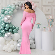Women’s Off-Shoulder Mesh Long Sleeve Maternity Bodycon Mermaid Maxi Dress